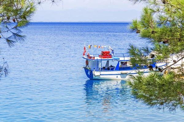 Barco en la playa con un viejo muro de piedra y árboles en la costa de la isla de Tasos, Grecia —  Fotos de Stock