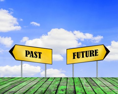 İki sokak işaretleri gelecek ve geçmiş bulut closeup ve yeşil ahşap zemin ile güzel mavi gökyüzü ile