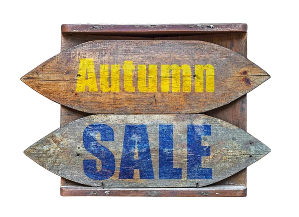 Podzimní prodej dřevěné staré podepsat izolované na bílém — Stock fotografie