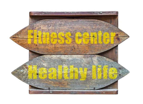 Fitness Center e Vida Saudável Sinal velho de madeira isolado em branco — Fotografia de Stock