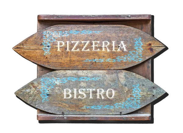 Wooden signs - for pizzeria and bistro isolated on white — Stock Photo, Image