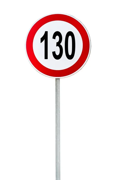 Limite di velocità tondo 130 segnaletica stradale isolata su bianco — Foto Stock