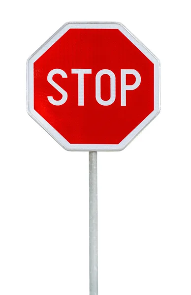 Red realistic stop road sign on rod isolated on white — Stock Photo, Image