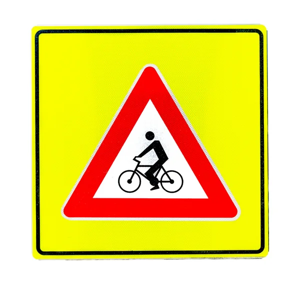 Znak drogowy ostrzegawczy dla roweru na białym tle — Zdjęcie stockowe