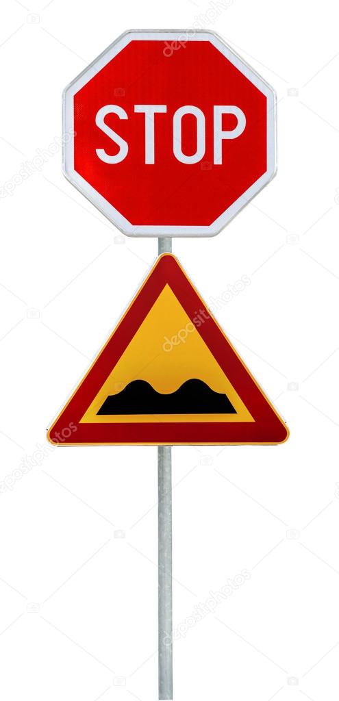 Red And Yellow Triangular Warning Road Sign With Stop Sign A Warning Of A Bumpy Road Ahead On A Rod Stock Photo C Bennian