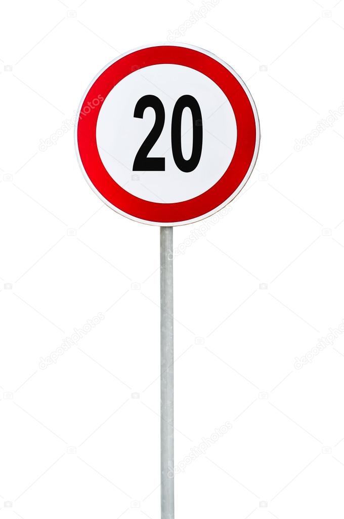 Round speed limit 20 road sign isolated on white
