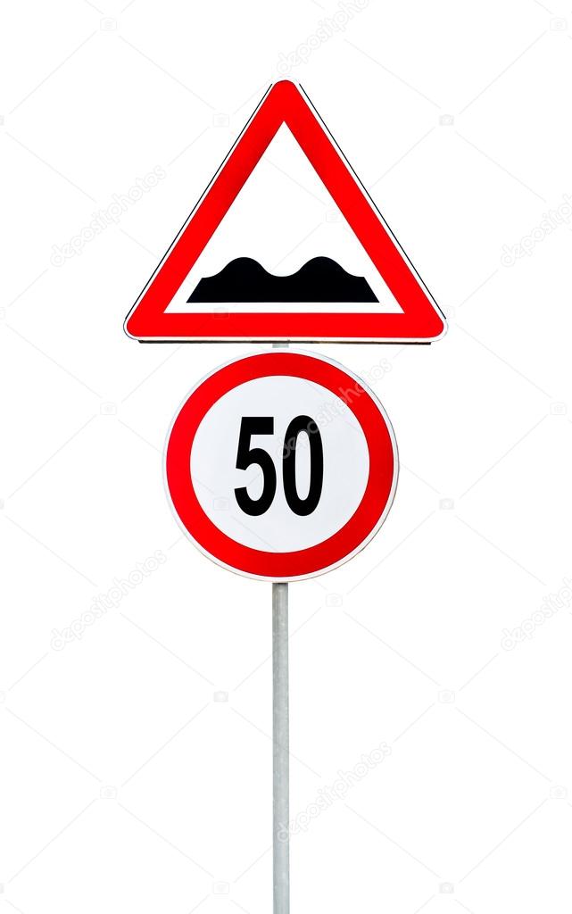 Speed limit sign determining the speed limit 50 and speed bump sign