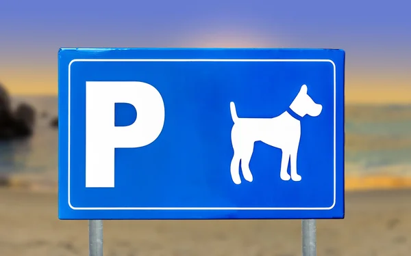 Trafikmärke för hundar på en vacker strand solnedgång — Stockfoto