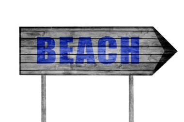 Beach ahşap işareti üzerinde beyaz izole