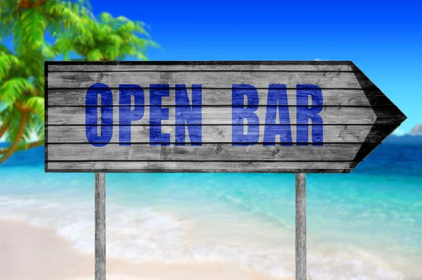 Otevřený Bar vývěsní štít s na pláži pozadí — Stock fotografie