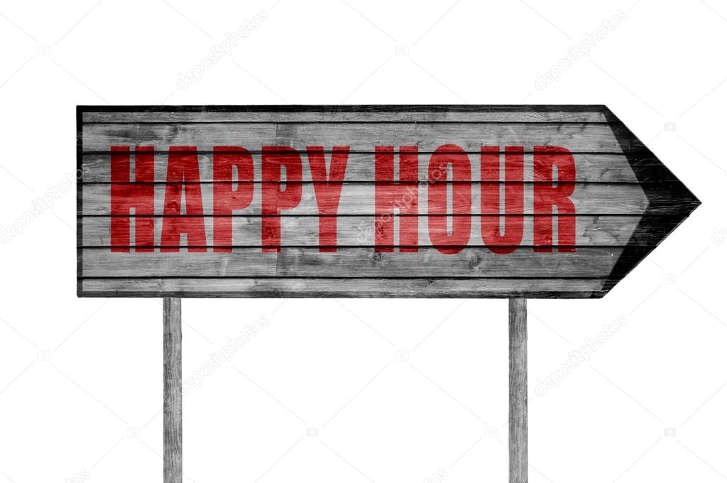 Red Happy Hour wooden sign isolated on white