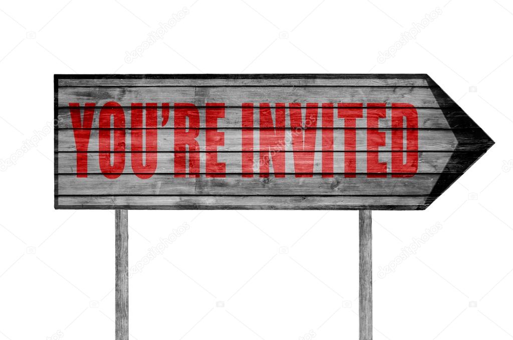 Red You're Invited! wooden sign isolated on white