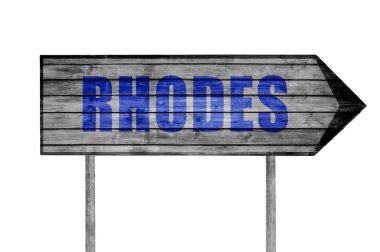Rhodes ahşap işareti üzerinde beyaz izole