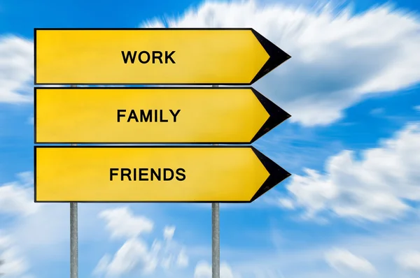 Yellow street concept family, work, friends sign — Stock Photo, Image