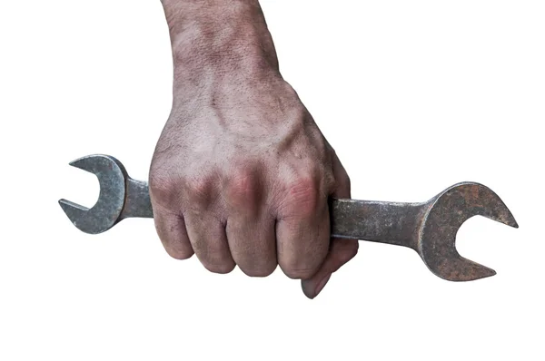 Mão mecânica segurar ferramenta chave na mão — Fotografia de Stock