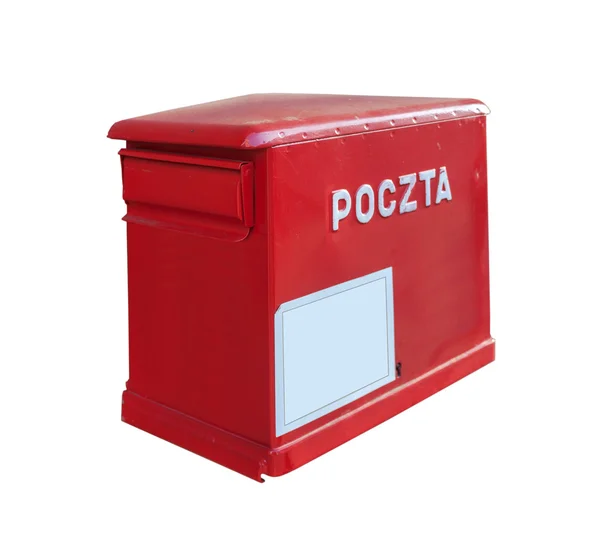 Caixa de correio vermelho com palavra polonesa Correios isolados em branco (POCZTA ) — Fotografia de Stock