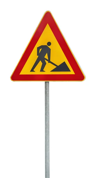 Red and yellow under construction road sign on rod — Stock Photo, Image