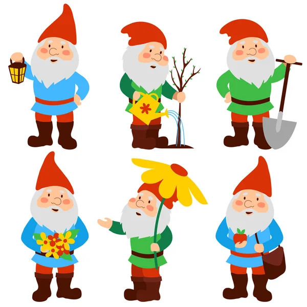 A set of cartoon garden gnomes — Stock Vector