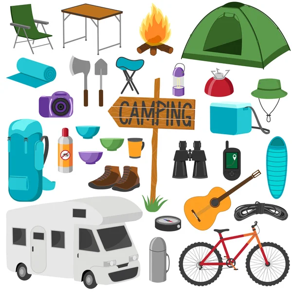 Conjunto de símbolos de equipamentos de acampamento . —  Vetores de Stock