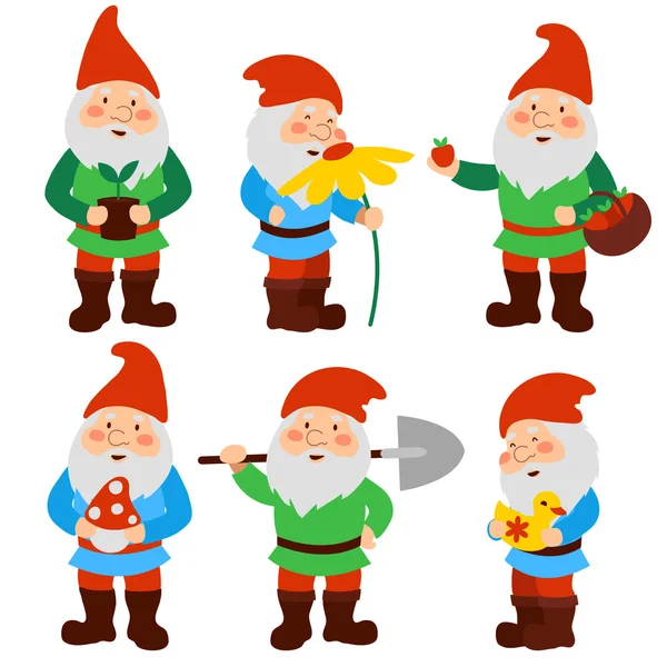 A set of cartoon garden gnomes — Stock Vector