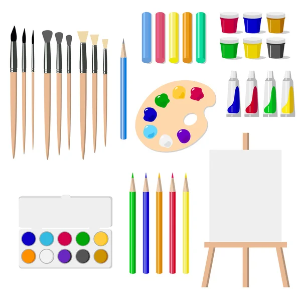 Un ensemble d'outils de dessin : un chevalet, peintures, pinceaux, crayons, crayons, objets isolés sur fond blanc illustration vectorielle . — Image vectorielle