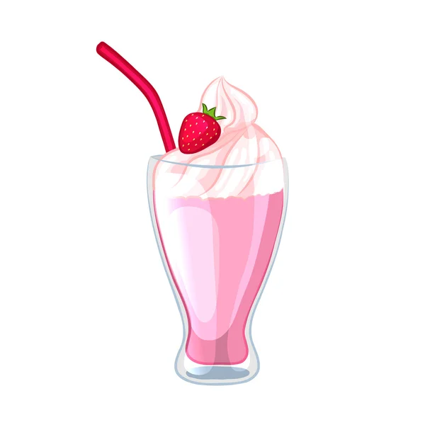 Milkshake aux fraises avec crème fouettée. Boire dans un verre avec une paille . — Image vectorielle