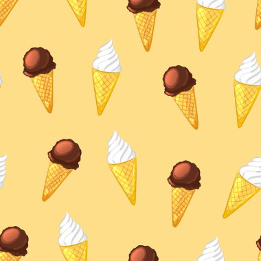 Çikolata ve kremalı dondurma koni bej renkli arka plan üzerinde. 
