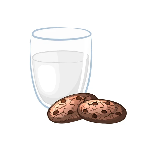 Milch im Glas und Schokoladenkekse auf weißem Hintergrund. — Stockvektor