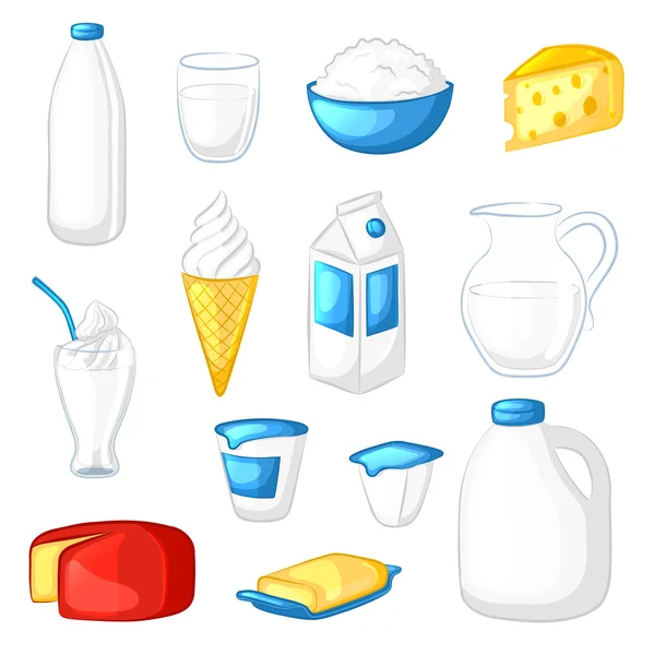 Satz Milch und Milchprodukte. Comic-Ikonen. Käse, Joghurt, Sauerrahm, Butter, Eis, Milchshake. — Stockvektor
