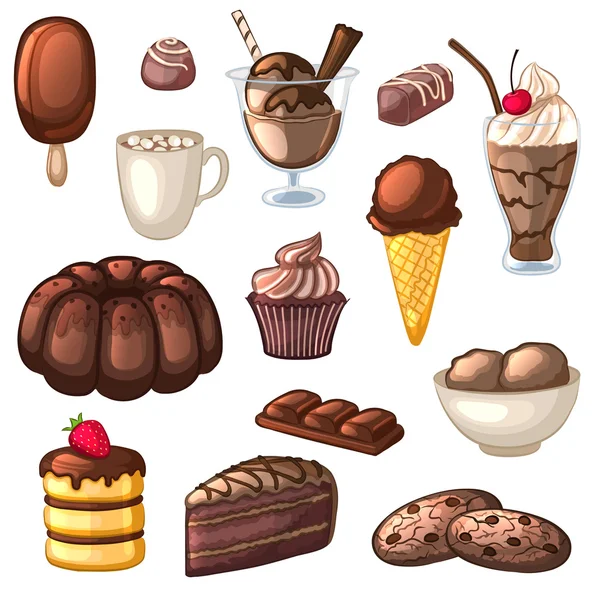 一套巧克力甜点和饮料。蛋糕、 糖果、 饼干、 奶昔、 冰激淋和可可. — 图库矢量图片