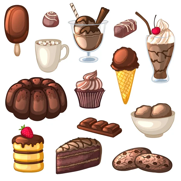 Çikolatalı tatlılar ve içecekler kümesi. Kek, şeker, kurabiye, milkshake, dondurma ve kakao.