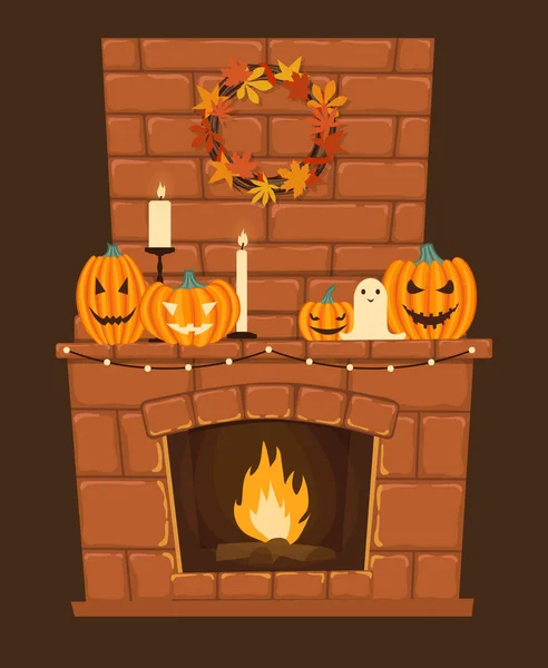 Chimenea Decorada Para Halloween Calabazas Velas Guirnalda Hojas Otoñales Estilo — Archivo Imágenes Vectoriales