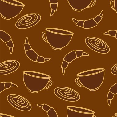 Elle çizilmiş kahve fincanları ve kruvasanlarla kusursuz desen.