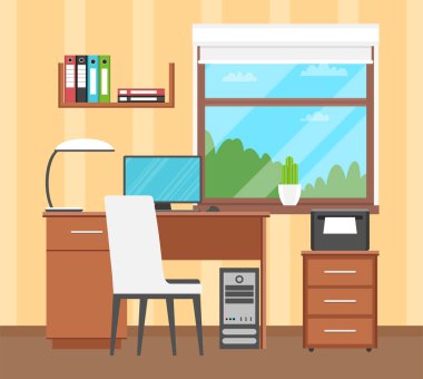 Ofisin içinde pencere ve masa var. 