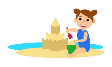 Kız sahilde oyuncaklarla oynuyor.