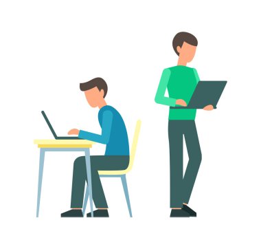 Sandalyeye oturup dizüstü bilgisayarla çalışan bir adamın vektör çizimi