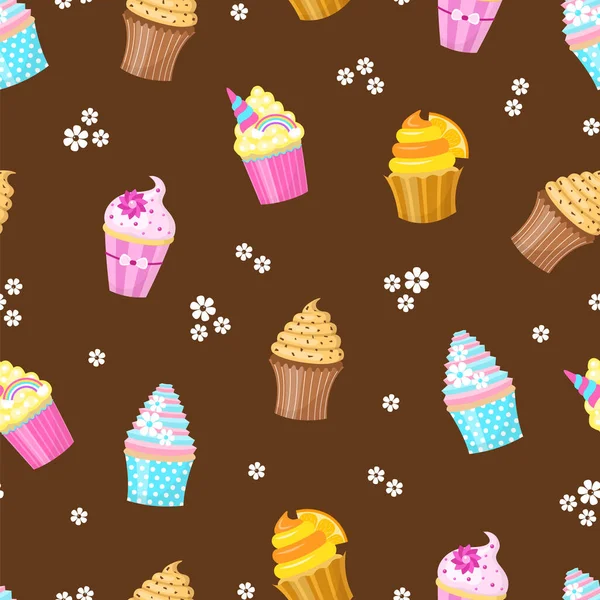 Seamless Pattern Cupcakes Flowers — Stock Vector