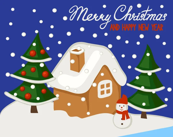 Carte Vœux Noël Avec Bonhomme Neige Arbres — Image vectorielle