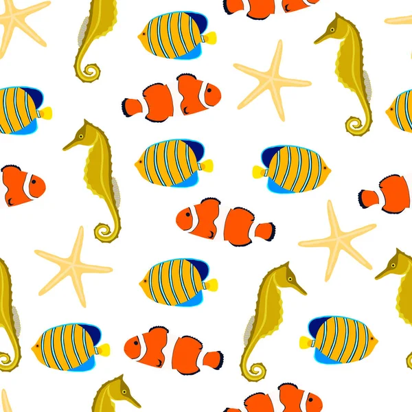 Motif Sans Couture Avec Différents Poissons Sur Fond Blanc — Image vectorielle