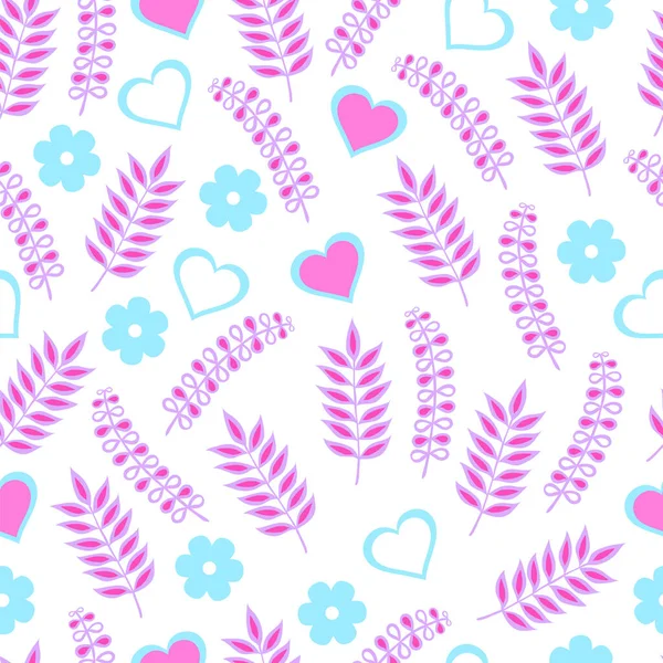 Seamless Pattern Pink Hearts Leaves — Stock Vector