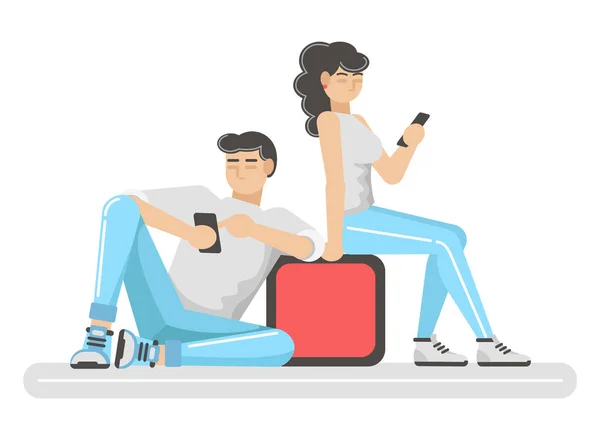 Vector Illustration Young Couple Using Smartphones — Stock Vector