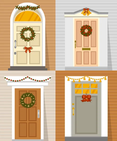 Vektor Illustration Von Türen Mit Floralen Weihnachtskränzen — Stockvektor