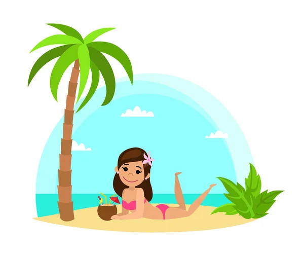 Mujer Relajándose Playa Con Cóctel — Vector de stock