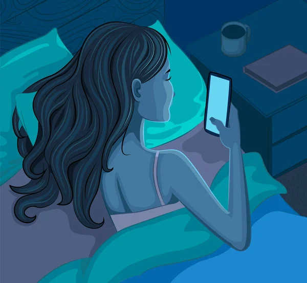 Απεικόνιση Ενός Κοριτσιού Στο Κρεβάτι Χρησιμοποιώντας Smartphone — Διανυσματικό Αρχείο