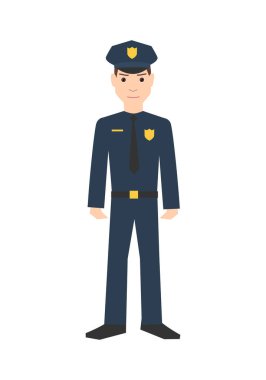 Düz stil üniformalı polis memuru beyaz arka planda izole edilmiş. polis sembolü vektör illüstrasyonu.