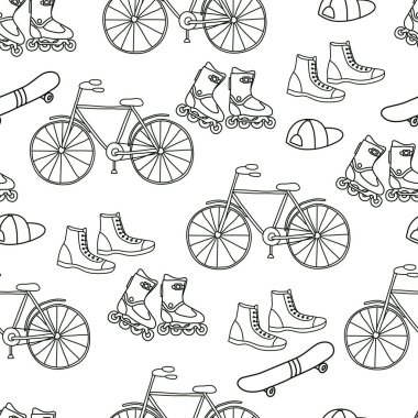 Elle çizilmiş klasik bisiklet ve paten çizimleri ile vektörsüz desen