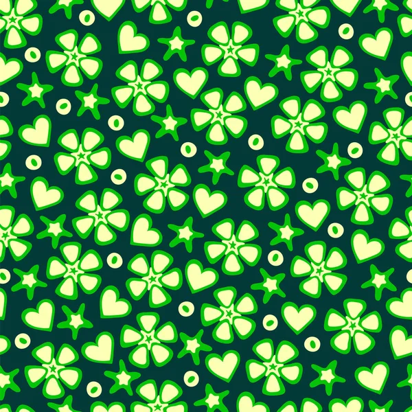 Seamless Pattern Green Flowers Hearts — Stock Vector