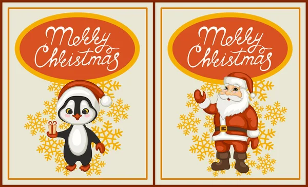 Ilustração Vetorial Cartão Natal Com Papai Noel Pinguim — Vetor de Stock