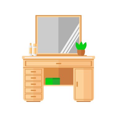 Aynalı tuvalet masası ve beyaz arka planda bitki.