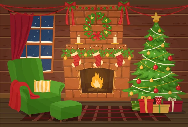 Noel arifesi. Dekorasyon. Koltuk ve Noel ağacı şöminenin yanında. Vektör illüstrasyonu.